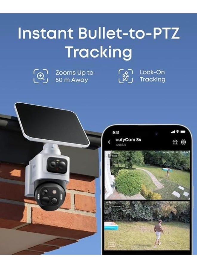 eufy Security eufyCam S4, Solar Security Camera Wireless Outdoor, Triple-Lens Bullet-PTZ Cam, 4K UHD, 360° Pan and Tilt, Auto Track, 8× Hybrid Zoom, Colour Night Vision, Compatible with HomeBase S380 - Image 4
